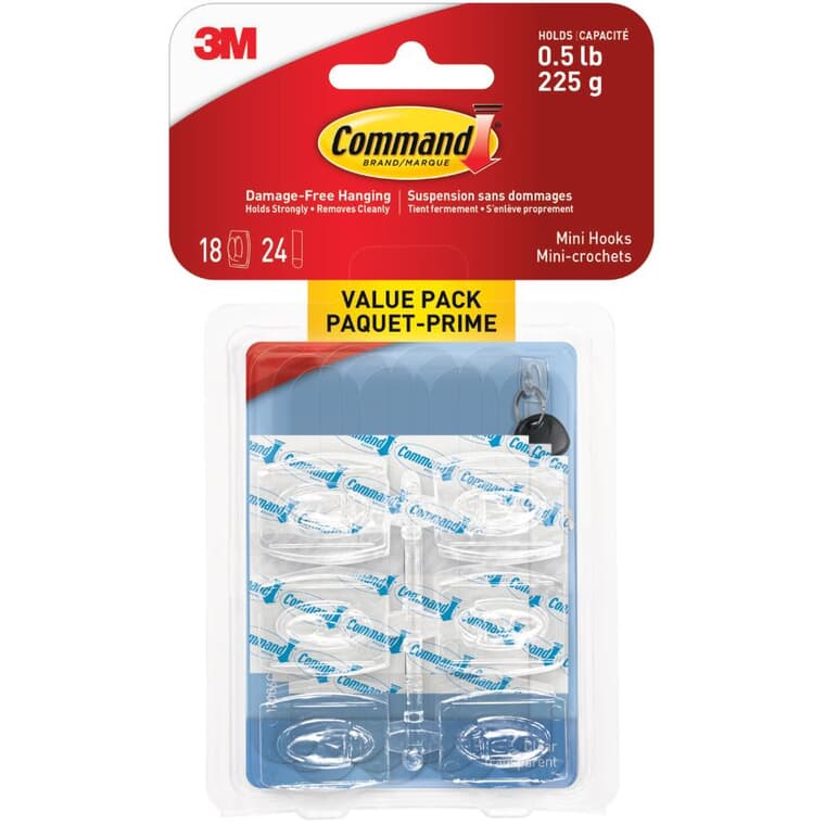 18 Hooks Plus 24 Strips Mini Clear Adhesive Hooks