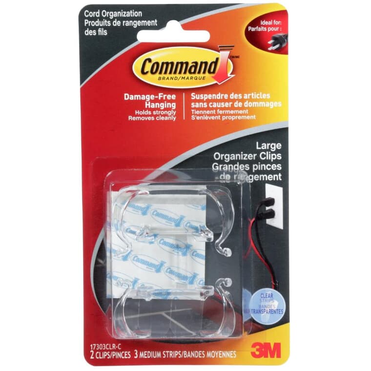 Large Clear Adhesive Cord Organization Clips - 2 Clips and 3 Strips