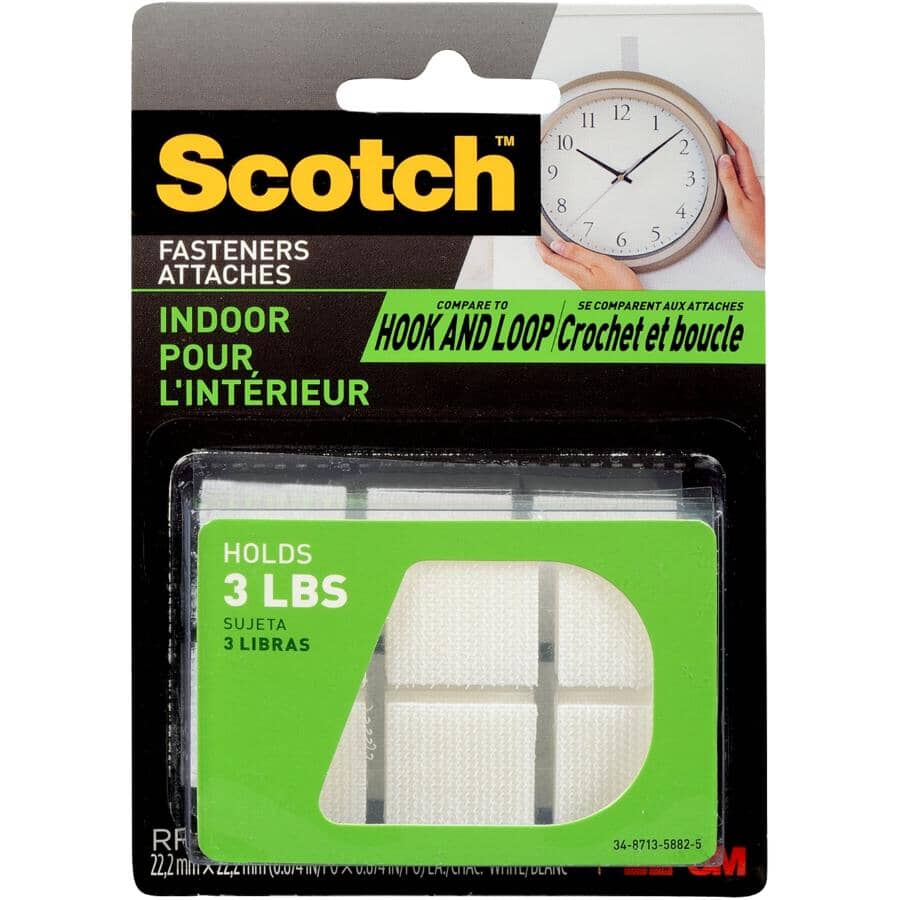 SCOTCH:12 Pack 7/8" x 7/8" White Square Hook and Loop Fasteners