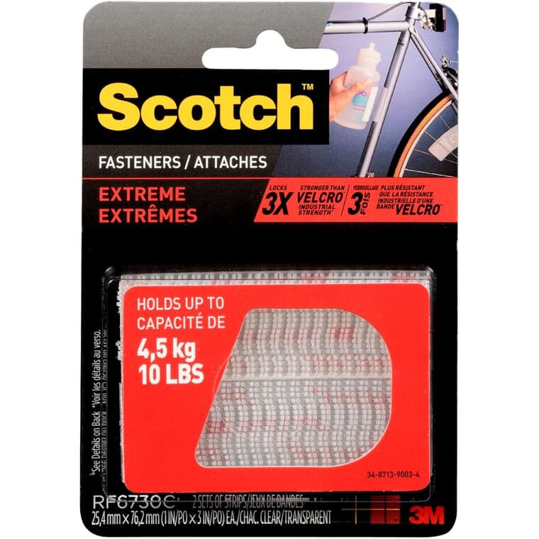 2 Pack 1" x 3" Clear Hook and Loop Extreme Strip Fasteners