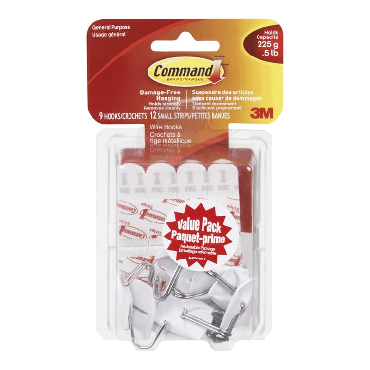 9 Hooks Plus 12 Small Strips Wire White Adhesive Hooks