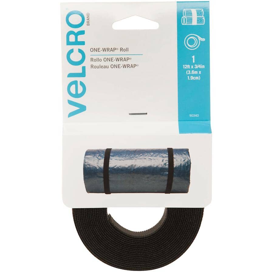 VELCRO (R) BRAND FASTENERS:One Wrap Roll Fasteners Strip - Black, 3/4" x 12'