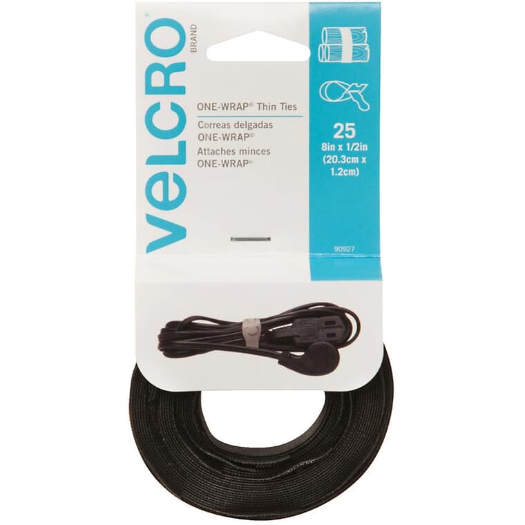 Paquet de 25 bandes de fixation Velcro (R) réutilisables de 1/2 po x 8 po, noir