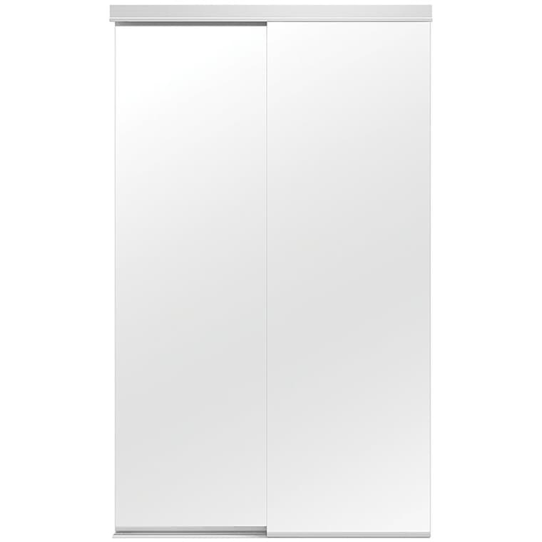 Porte-miroir coulissante blanche à roulettes inférieures, 60 x 80 po