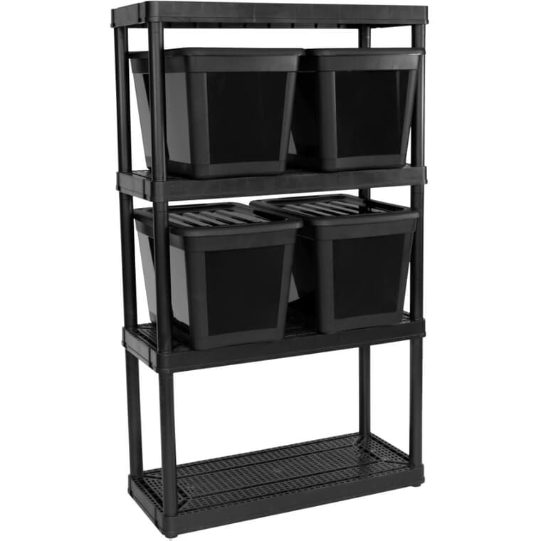 32" x 14" x 54-1/2" 4 Shelf  Black Poly Shelving Unit, with Storage Bins