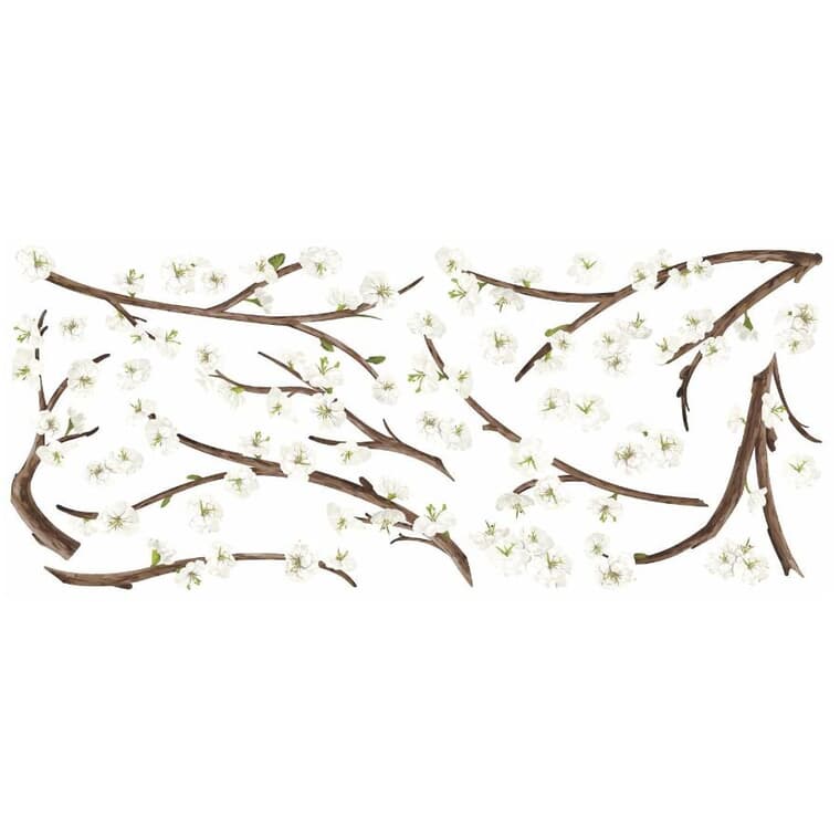 Décalcomanies murales peler-coller à branches et fleurs blanches, avec décorations 3D