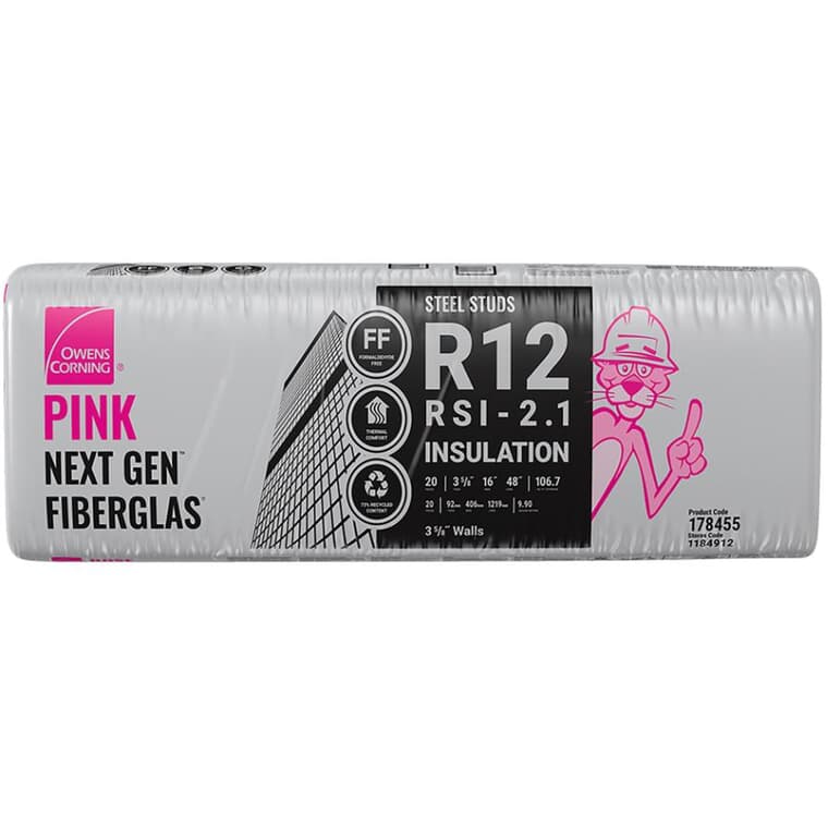 R12 x 16" Steel Stud Pink Insulation, covers 106.7 sq. ft.