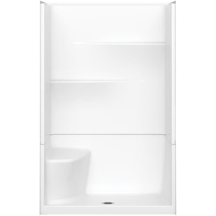 Cabine de douche AcrylX Gallery à 2 pièces avec drain au centre et siège à gauche, blanc, 48 x 34 po