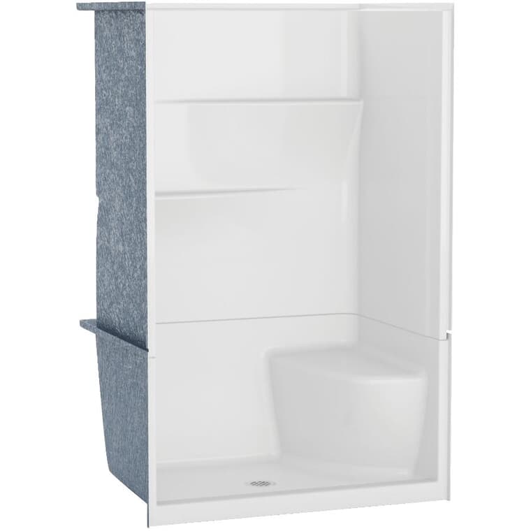Cabine de douche AcrylX blanc Galerie à 2 pièces avec drain au centre et siège à droite, 48 x 34 po