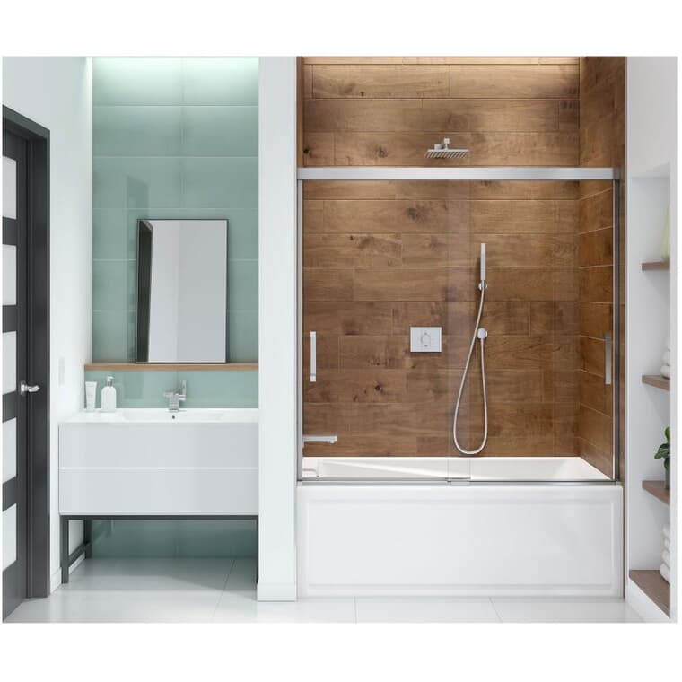 Porte de baignoire coulissante Incognito de 56 à 59 po avec verre transparent de 8 mm et garniture chromée