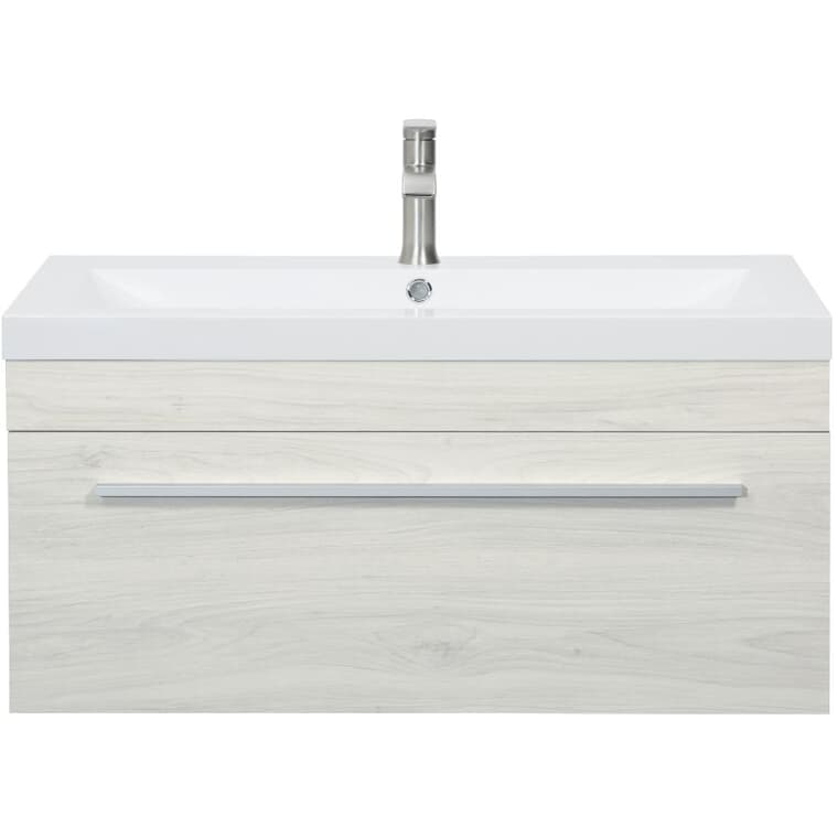 Meuble-lavabo mural Relax de 36 po de largeur x 19 po de profondeur avec dessus en marbre synthétique, grain de bois blanc