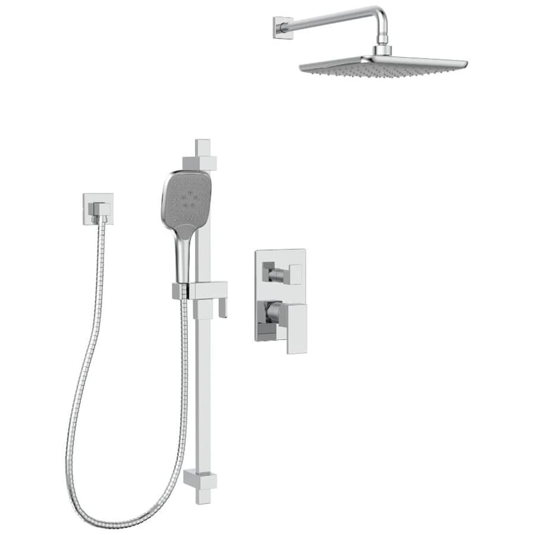 Quadrato Single Handle Pressure Balanced Shower Faucet Kit - with Rain Showerhead & Hand Shower, Chrome, 2-Way Valve