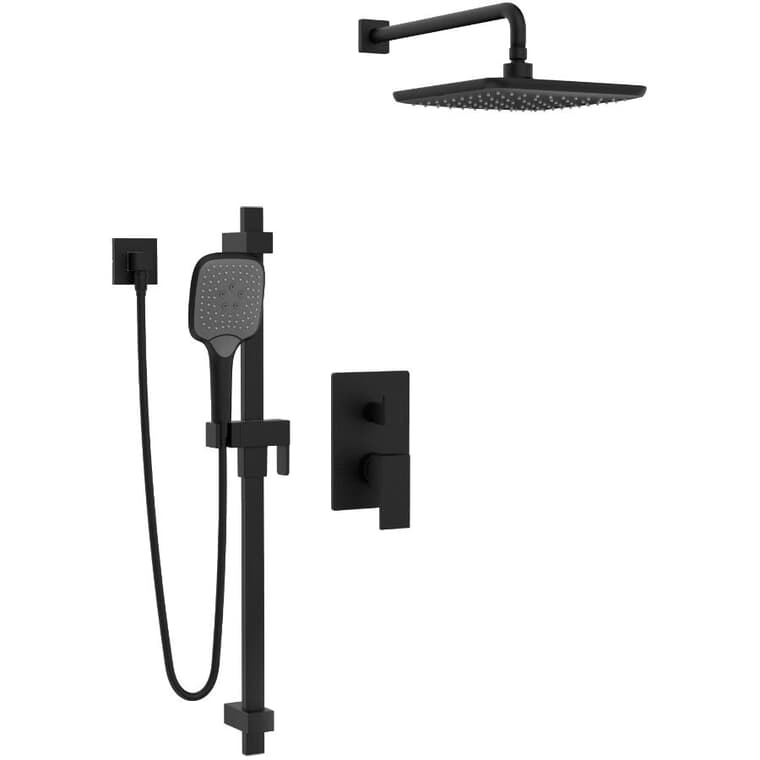 Quadrato Single Handle Pressure Balanced Shower Faucet Kit - with Rain Showerhead & Hand Shower, Matte Black, 2-Way Valve