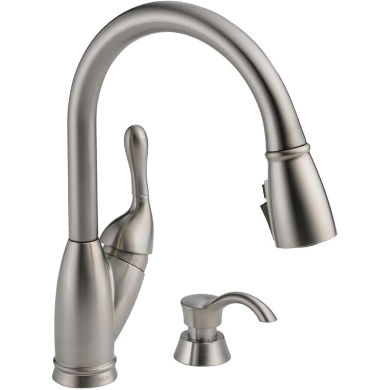 Izak Single Handle Pull-Down Kitchen Faucet - with Soap Dispenser, Stainless Steel