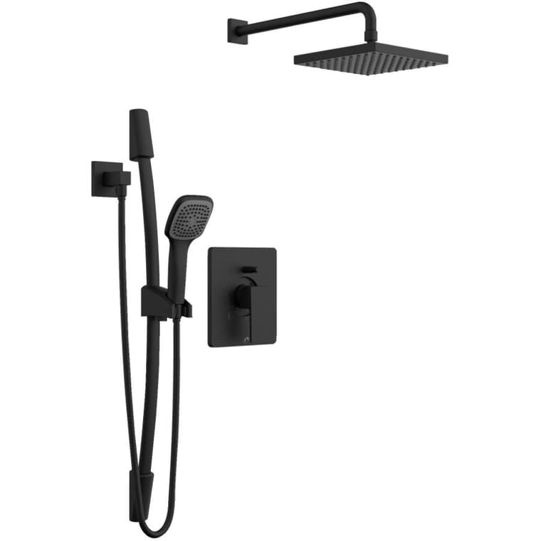 Quadrato Single Handle Pressure Balanced Shower Faucet Kit - with Rain Showerhead, Hand Shower & Slide Bar, Matte Black