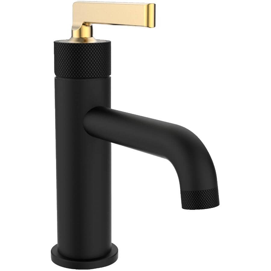 ESSENTIAL Indy Single Handle Lavatory Faucet with Matte Gold Handle + Knurled Accents | Home ...