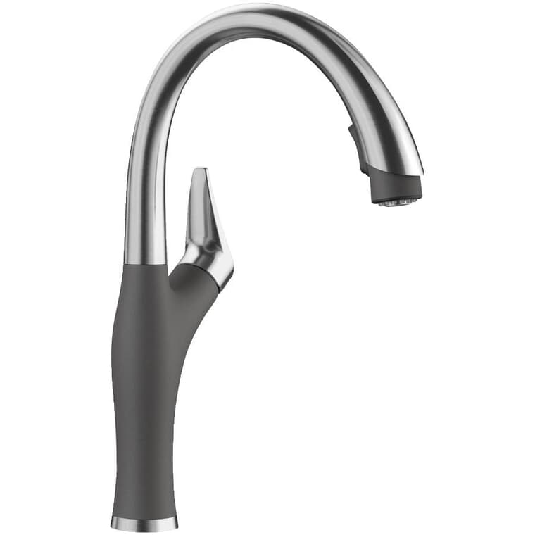 Artona Single Handle Pull-Down Kitchen Faucet - with Dual Spray, Cinder & Stainless Steel
