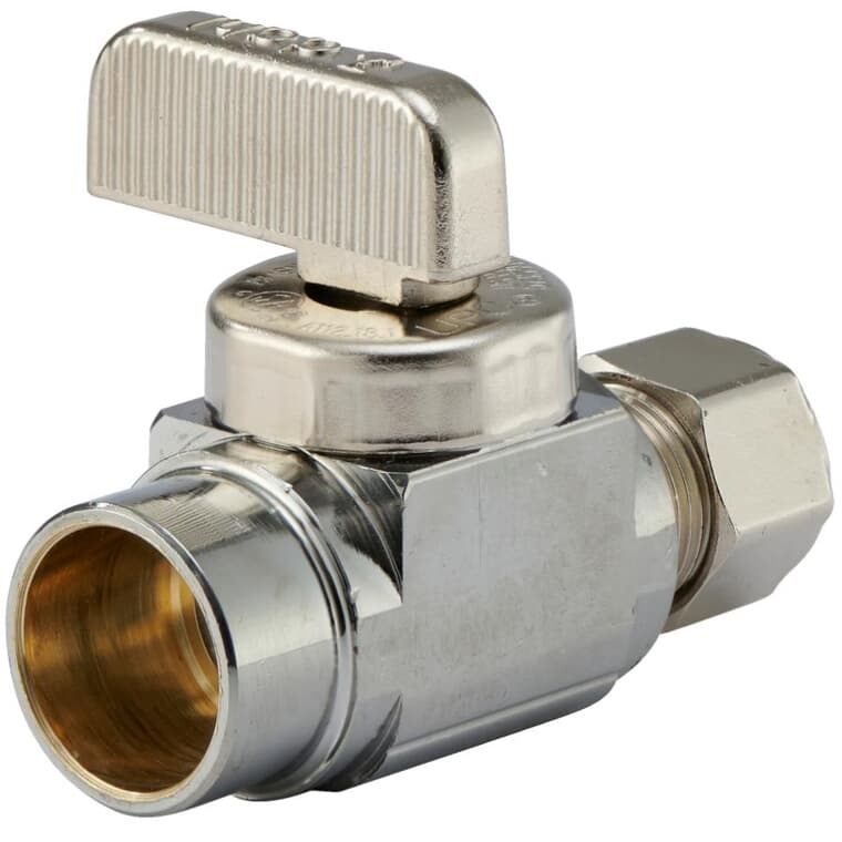 1/2" Female Solder x 3/8" Outside Diameter Compression Brass Straight Supply Stop Valve - Plated