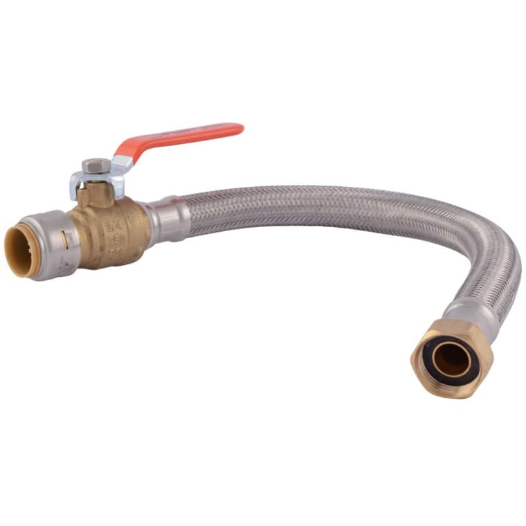 18" Stainless Steel Braided Water Heater Connector - with Ball Valve, 3/4" Push Fit x 3/4" FPT