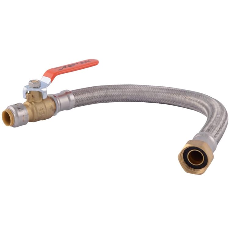 18" Stainless Steel Braided Water Heater Connector - with Ball Valve, 1/2" Push Fit x 3/4" FPT