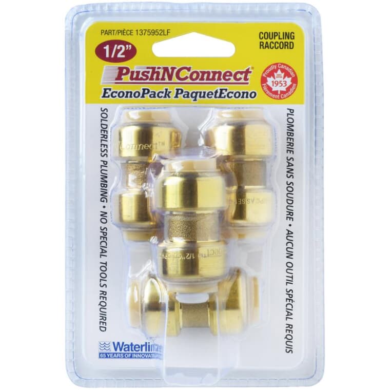 1/2" Push 'N' Connect Push Fit Brass Couplings - 4 Pack