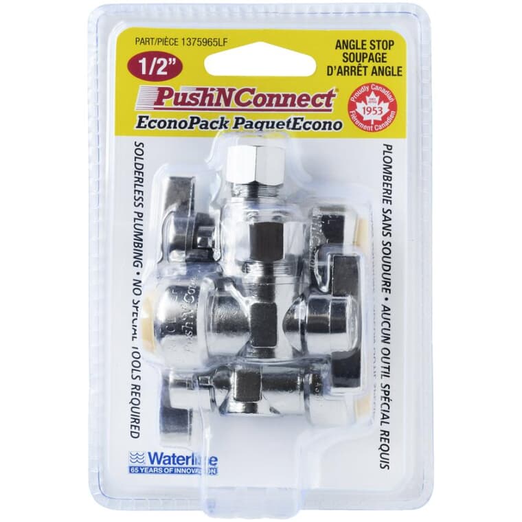 1/2" Push Fit x 3/8" Compression Push 'N' Connect Angle Supply Stop Valves - 3 Pack