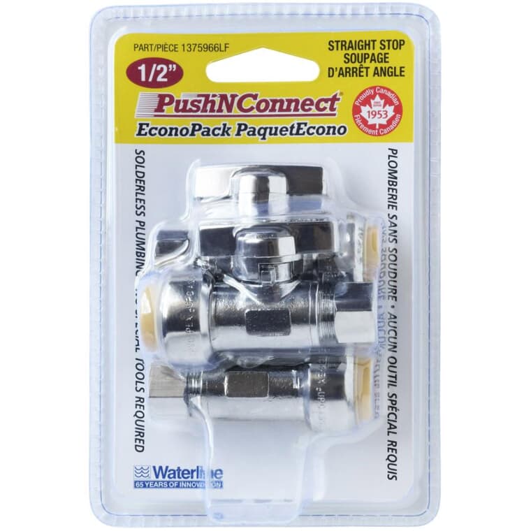 1/2" Push Fit x 3/8" Compression Push 'N' Connect Straight Supply Stop Valves - 3 Pack