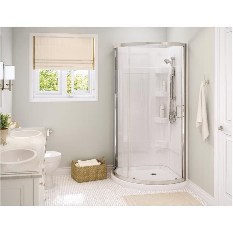 Cabine de douche ronde Cyrene à 3 pièces, en acrylique, pour coin, 34 po x 34 po, blanc avec verre transparent et garniture chromée