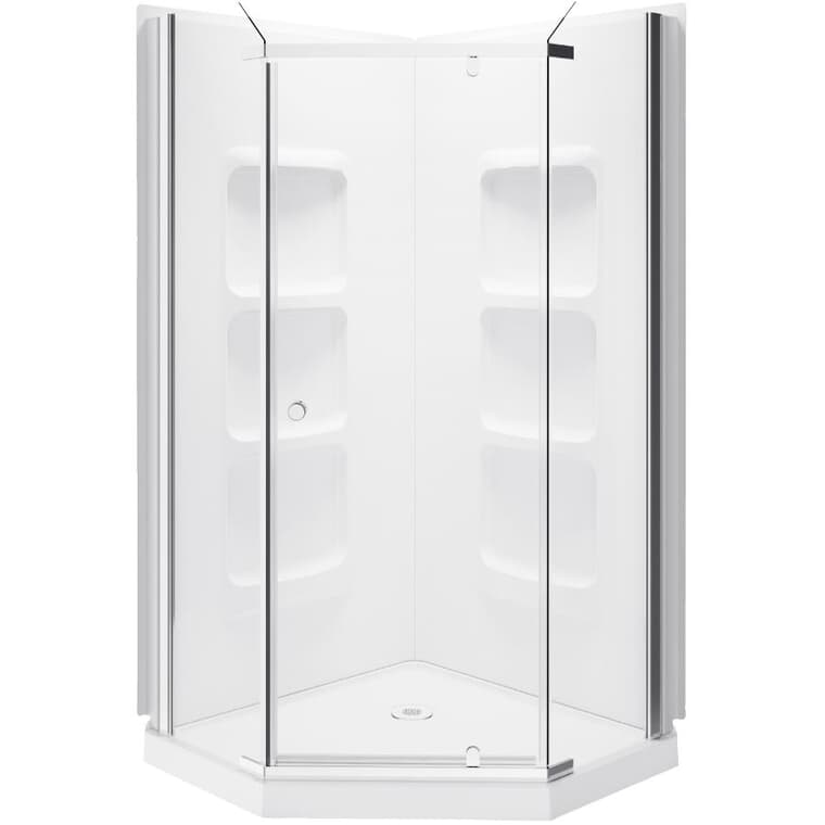 Cabine de douche en coin néo-angle Jonas de 38 po x 38 po en acrylique, blanc et verre transparent avec garniture chromée