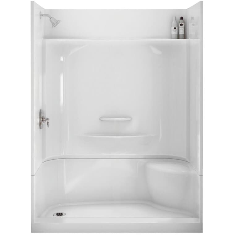 Cabine de douche Essence de 60 po x 30 po à 4 pièces en fibre de verre avec drain à gauche et siège à droite, blanc