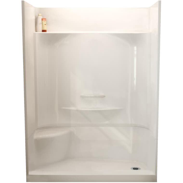 Cabine de douche Essence de 60 po x 30 po à 4 pièces en fibre de verre avec drain à droite et siège à gauche, blanc