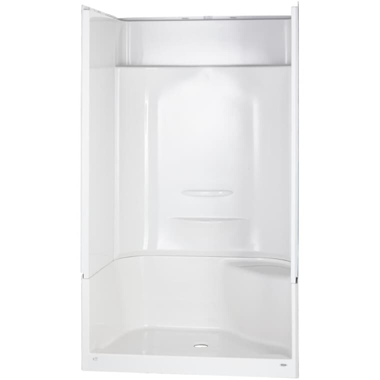 Cabine de douche Essence de 48 po x 34 po à 4 pièces en fibre de verre avec accessoires à gauche et siège à droite, blanc