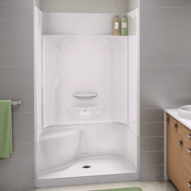 Cabine de douche Essence de 48 po x 34 po à 4 pièces en fibre de verre avec accessoires à droite et siège à gauche, blanc