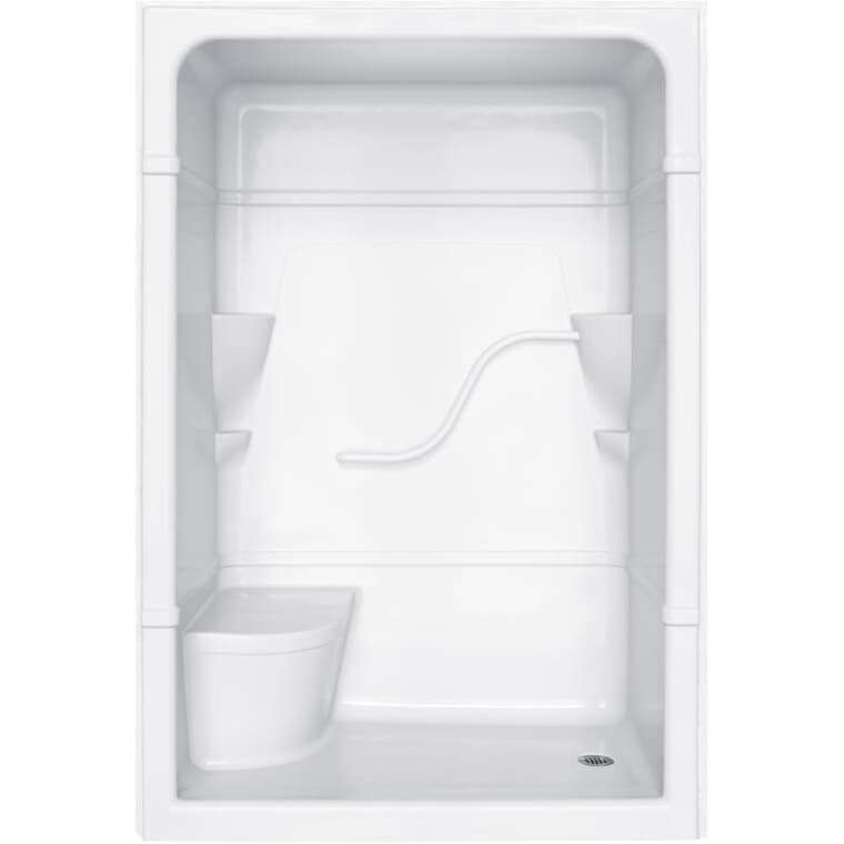 Cabine de douche AcrylX blanche Madison 5 trois pièces avec drain à droite et siège à gauche, 60 x 34,25 po