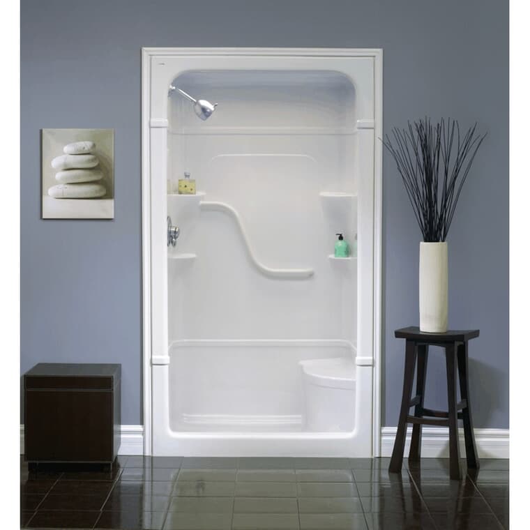 Cabine de douche AcrylX blanche Madison 4 trois pièces avec plomberie à gauche et siège à droite, 50 x 34,5 po
