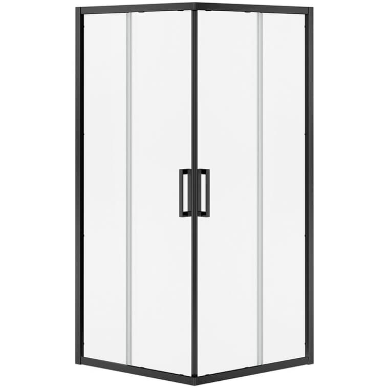 Porte de douche à coin carré Radia, avec ouverture centrale, verre transparent et garniture noir mat, 36 x 36 x 71,5 po