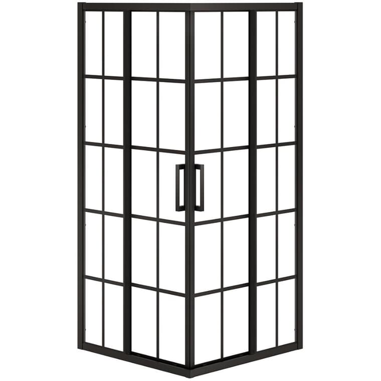 Porte de douche à coin carré Radia, avec ouverture centrale, verre transparent et garniture française noir mat, 36 x 36 x 71,5 po