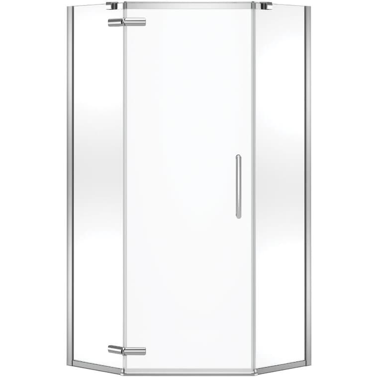 Porte de douche pivotante néo-angle Hana sans cadre de 38 po x 38 po x 75 po pour douche en coin, en verre transparent et garniture chromée