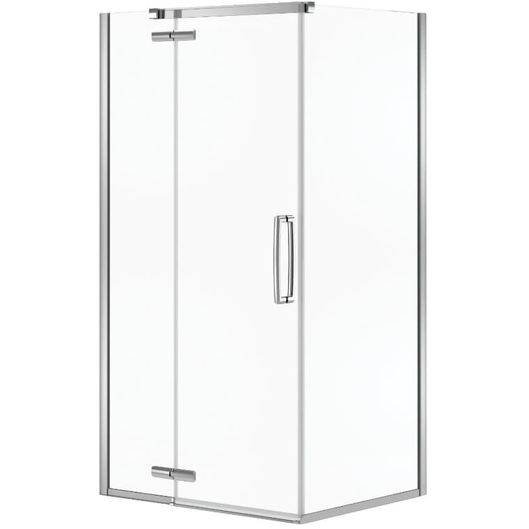Porte de douche pivotante Hana sans cadre de 42 po x 34 po x 75 po pour douche en coin, en verre transparent et garniture chromée