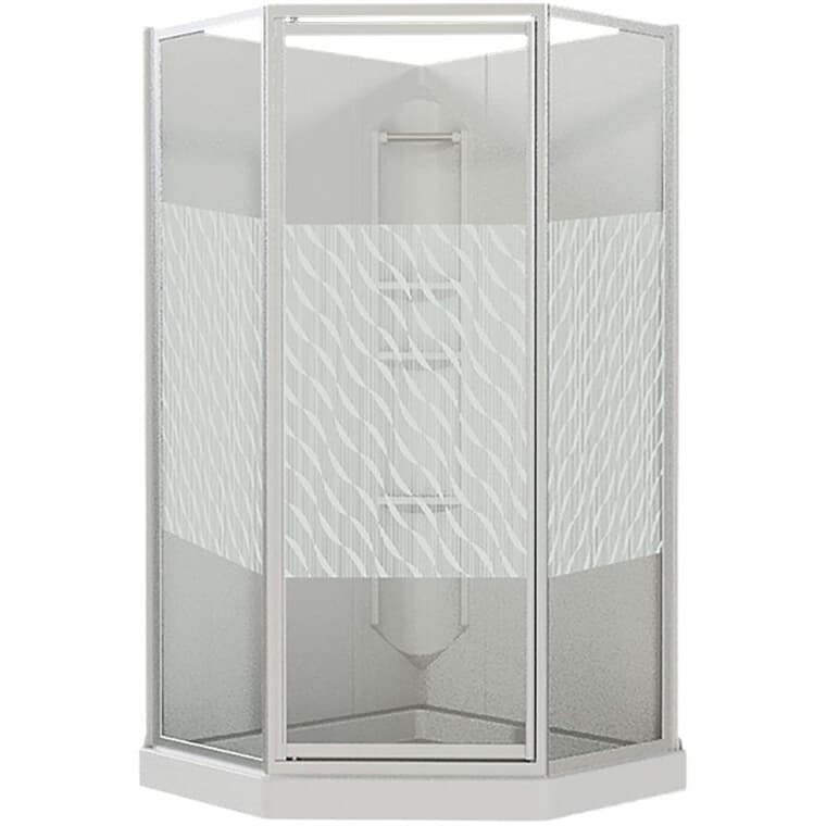 Cabine de douche en coin néo-angle en polystyrène à 3 pièces Himalaya de 38 x 38 po, blanc avec verre transparent et rayures verticales ondulées