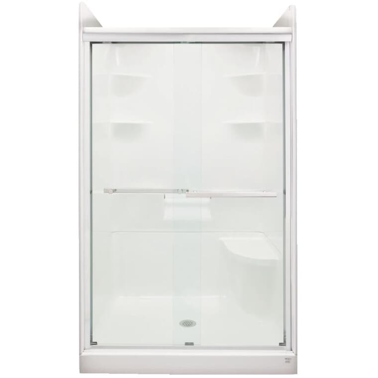 Porte de douche coulissante sans cadre de 52,63 à 53,63 x 73 po, pour cabine de douche Madison 5, en verre transparent et garniture argentée
