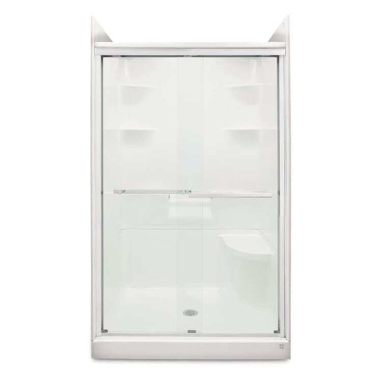 Porte de douche coulissante sans cadre de 42,75 à 43,75 x 73 po, pour cabine de douche Madison 4, en verre transparent et garniture argentée