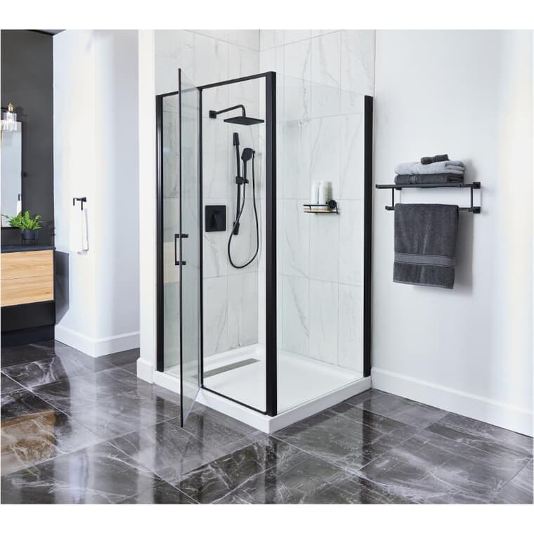 Porte de douche et base Pandora de 48 po x 36 po x 78 po, blanc et verre transparent avec garniture noir mat
