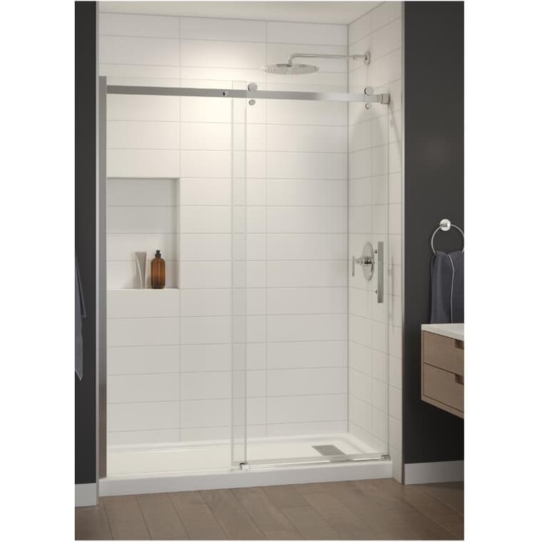 Porte de douche et base Inspiration de 60 po x 32 po x 78,13 po, pour alcôve, blanc et verre transparent avec garniture chromée