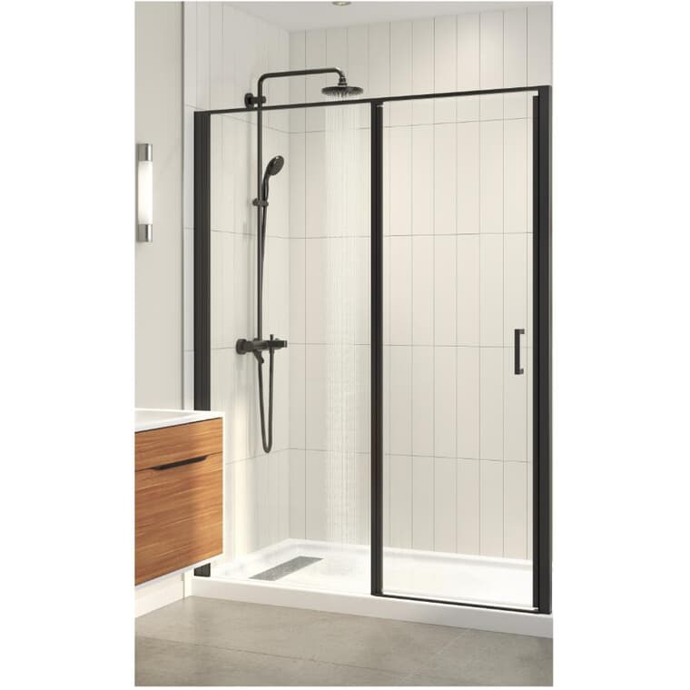 Porte de douche et base Pandora de 60 po x 32 po x 75 po, pour alcôve, blanc et verre transparent avec garniture noir mat