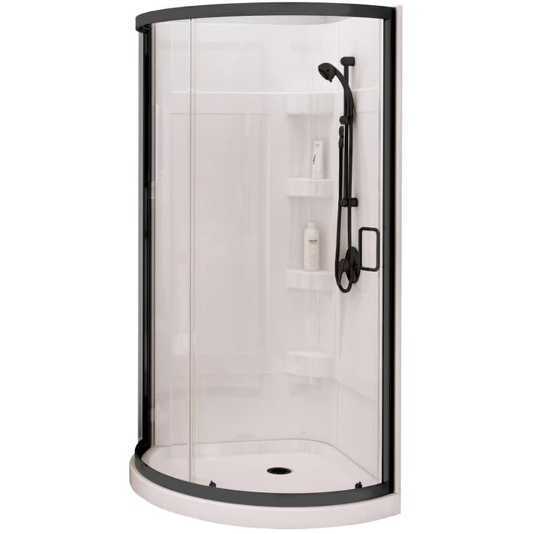 Cabine de douche ronde Cyrene à 3 pièces, en acrylique, pour coin, 34 po x 34 po x 76 po , blanc avec verre transparent et garniture noir mat