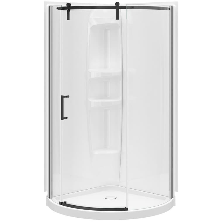 Porte et base de douche ronde Outback de 36 x 36 x 78 po, verre transparent et garniture noir mat, ouverture à gauche