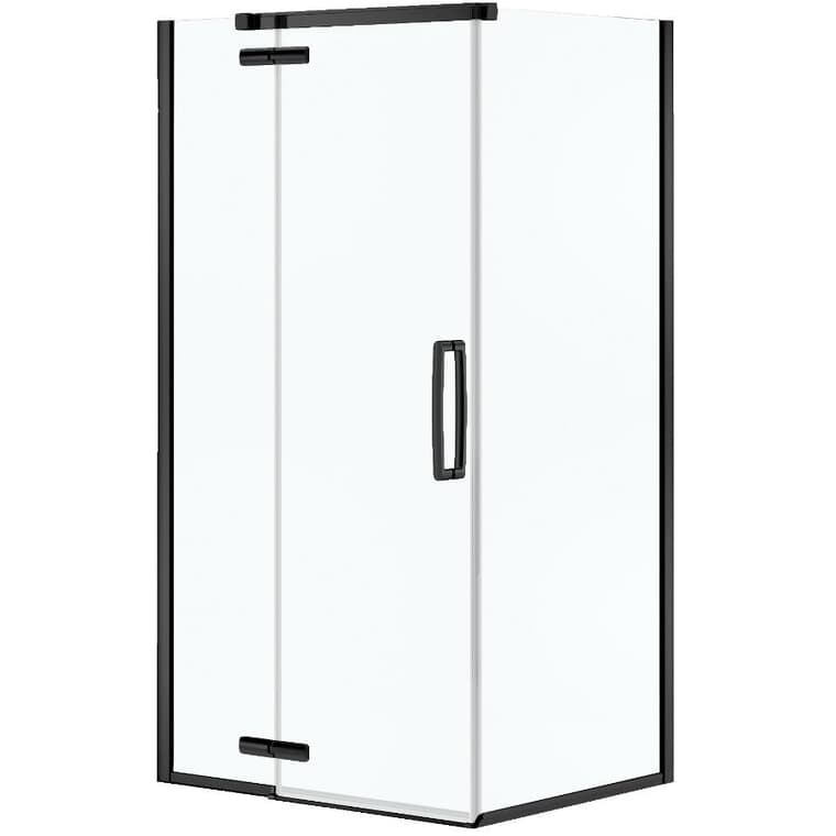 Porte de douche pivotante Hana sans cadre de 42 po x 34 po x 75 po pour douche en coin, en verre transparent et garniture noir mat