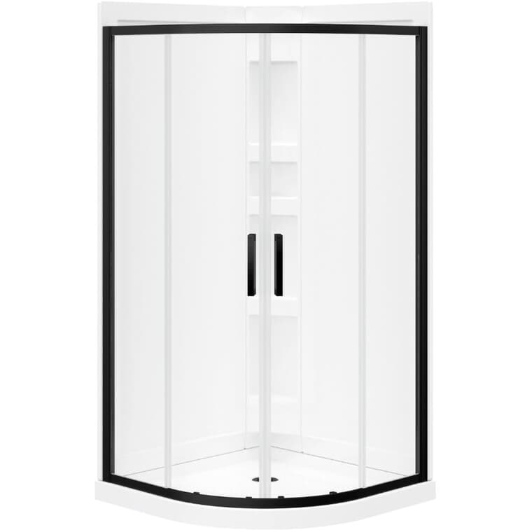 Porte de douche et base néo-ronde Kassia de 38 po x 38 po x 77,63 po, blanc et verre transparent avec garniture noir mat