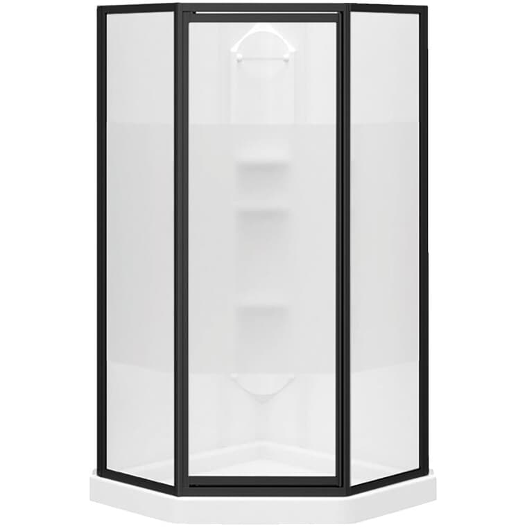 Cabine de douche en coin néo-angle Orchid de 38 po x 38 po en polystyrène, blanc et verre transparent avec garniture noir mat